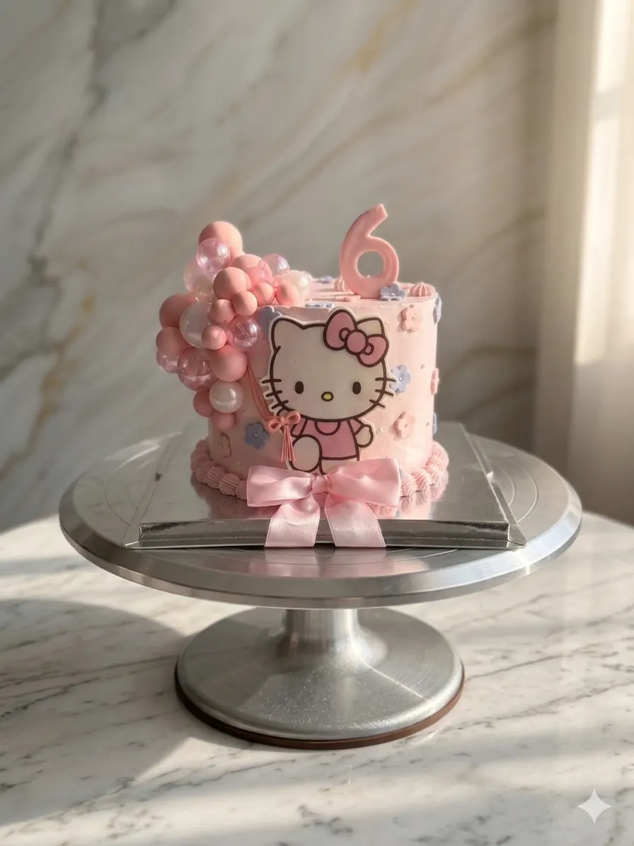 Torta rosada con ilustración de Hello Kitty y topper número seis.