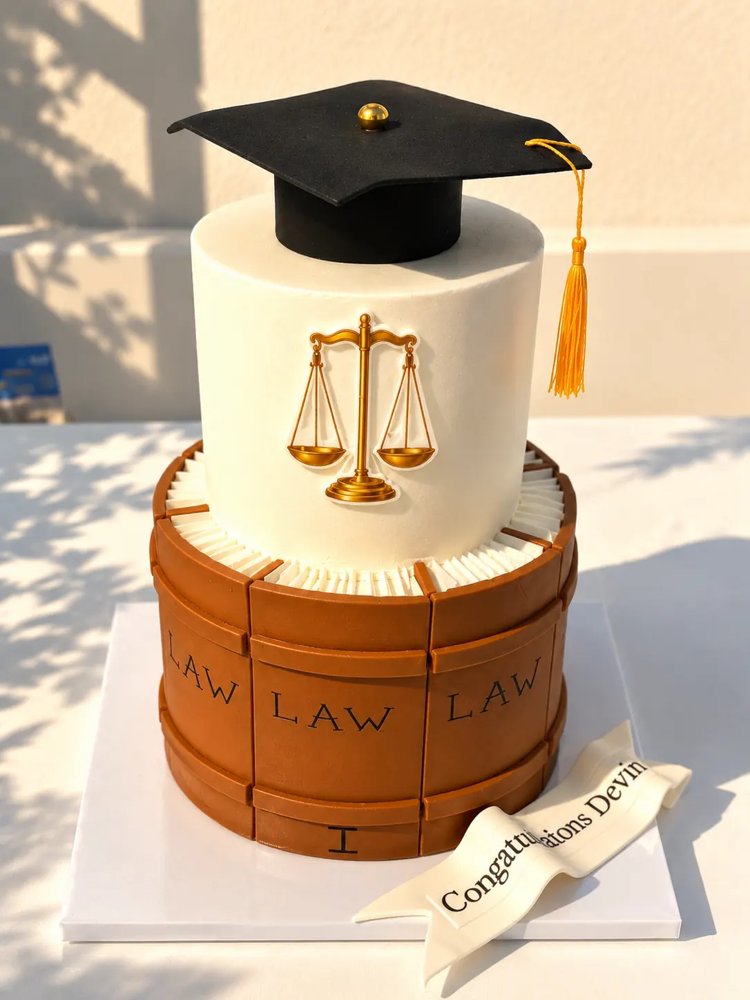 Torta de graduación de derecho con birrete y balanza dorada.