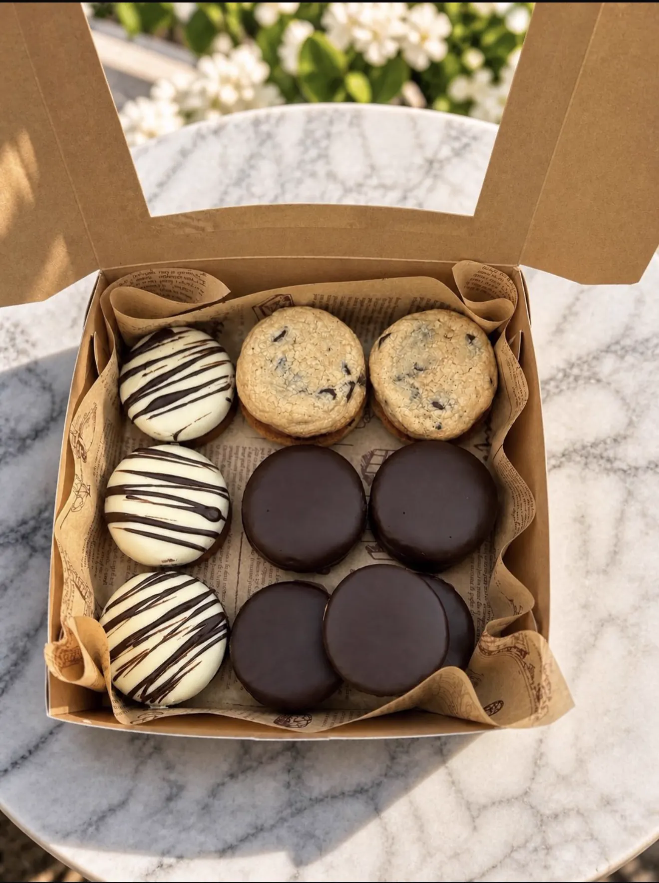Caja de postres con alfajores, cookies y piezas cubiertas con chocolate.
