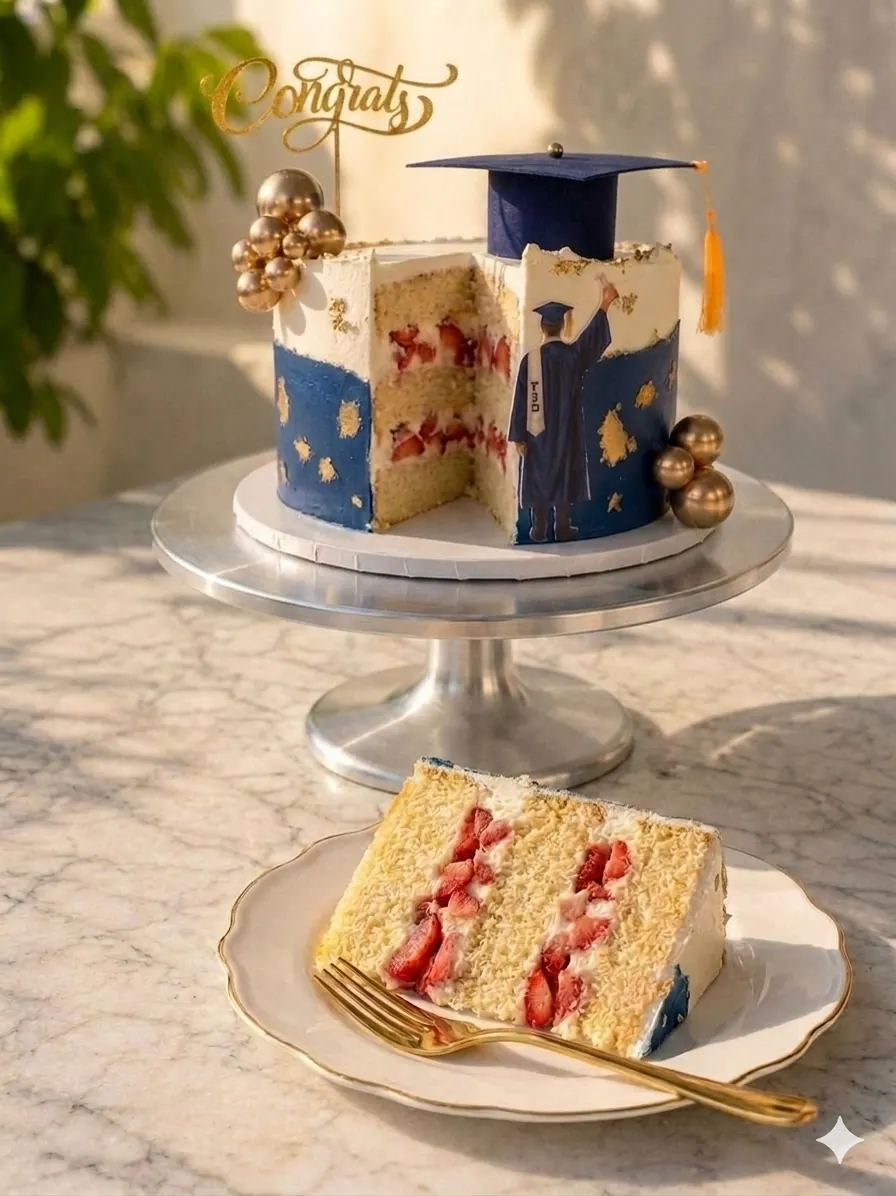 Torta para graduación con topper dorado, birrete azul y porción interior visible.