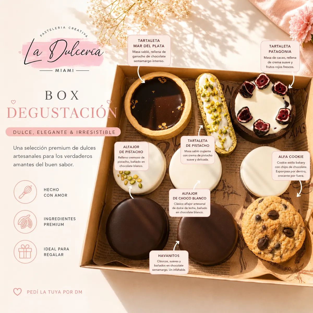 Gráfico promocional de box degustación con tartaletas, cookies y alfajores rotulados.